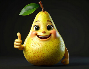 A character of a pear fruit with a cheerful facial expression. It's giving a thumbs up. Isolated on a black background.