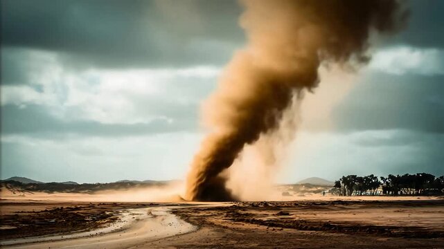 Powerful Dust Devil Swirls Through Arid Desert Landscape Under Dramatic Skies.