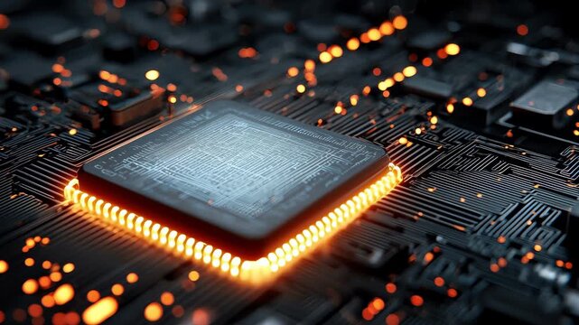 Futuristic glowing microchip processor on dark circuit board with orange digital data lights