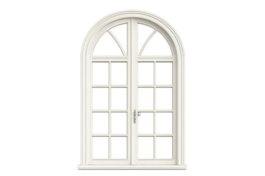 White arched windows with casements and french doors, classic architectural element, transparent background