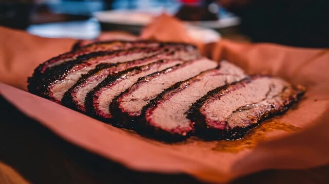 Mouthwatering Sliced Smoked Beef Brisket Ready to Serve on Paper.