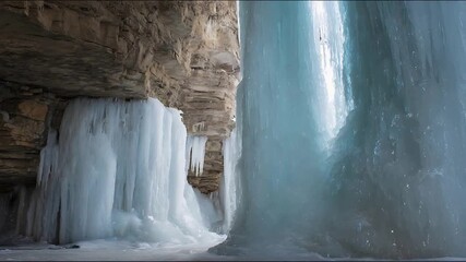 Majestic frozen waterfall cascades within a natural rock cave, winter wonderland. - Powered by Adobe