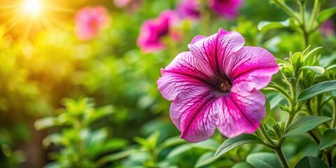 A delicate petunia blooms in a vibrant garden amidst lush greenery