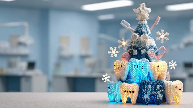 Creative dental-themed holiday decoration featuring knitted tooth ornaments