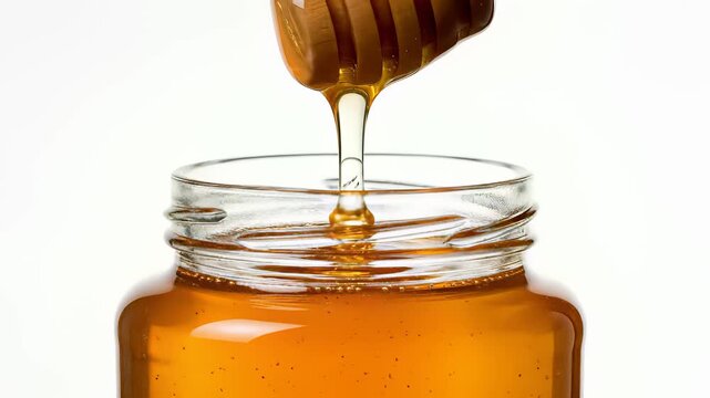 Warm golden honey flows smoothly as it fills a transparent jar with a rustic wooden spoon, perfectly capturing the concept of wholesome natural sweetness evoking feelings of gentle warmth.