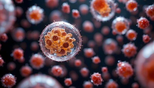 Microscopic view of infectious virus cells spreading, showcasing medical research and the importance of hygiene for public health awareness