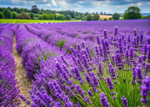 Fragrant purple flowers blooming on a bed of green grass in a commercial lavender farm at Heacham in West Norfolk