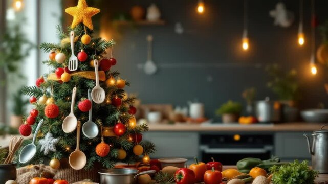 Festive kitchen christmas tree adorned with kitchenware and fresh vegetables