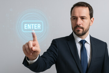 Businessman pressing enter button on virtual screen interface