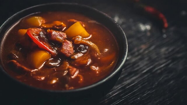 Hearty Beef Stew with Vegetables and Red Pepper, Savory Dish.