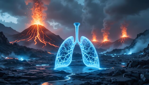 Protect your lungs from toxic pollution with striking imagery of glowing lungs against a volcanic landscape, perfect for health campaigns and awareness