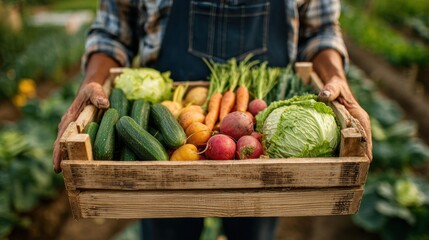 farmer holding wooden box full of fresh vegetables. harvesting season. basket with vegetables in the hands of a farmer background, healthy, organic, food, agriculture
