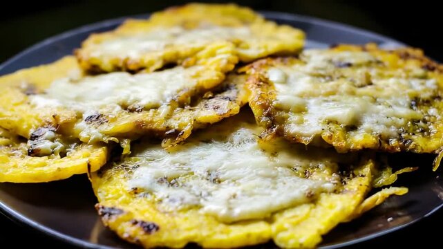 Golden Fried Plantain Pancakes Topped with Melted Savory Cheese.