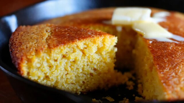 Golden Cornbread Freshly Baked in a Cast Iron Skillet with Melting Butter.