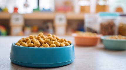 Fototapeta premium Child Room With Hamster Feed in Blue Bowl and Toys in the Background During Daylight Hours