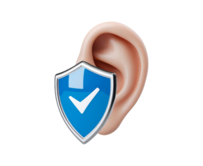 Image depicting certified hearing privacy with professional validation and protective symbols on transparent background