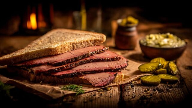 Generous Stacked Sandwich with Sliced Meat and Pickles, Cozy Atmosphere.