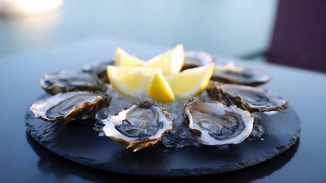 Freshly Shucked Oysters with Bright Lemon Wedges on Crushed Ice.