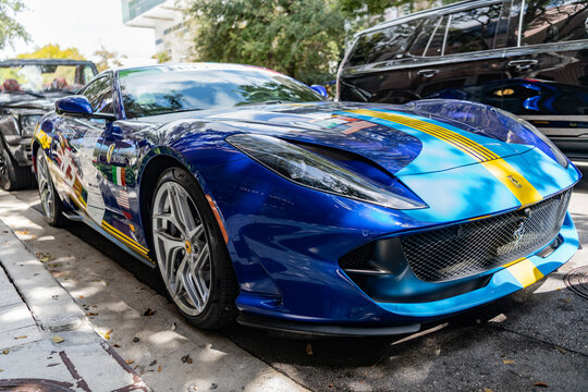 Miami, Florida, USA - February 16, 2025: Car Ferrari 812 Competizione parked outdoor. Blue sportscar, corner view. Ferrari 812 Competizione sport car with tuning. Sportscar Ferrari 812 Competizione