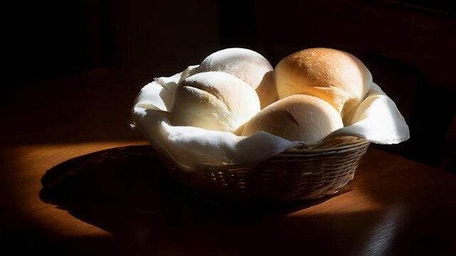Freshly Baked Bread Rolls in a Woven Basket with Dramatic Sunlight.