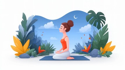 A woman practicing meditation in a serene outdoor setting with tropical plants and a clear sky.