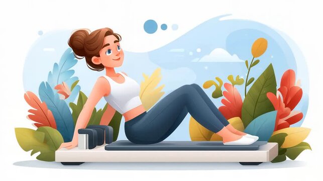 A cartoon illustration of a woman exercising on a machine surrounded by colorful plants.