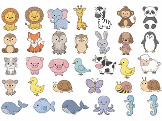 Obraz premium A large collection of cute cartoon animal illustrations featuring various land, sea, and air creatures in a simple, friendly style for children.