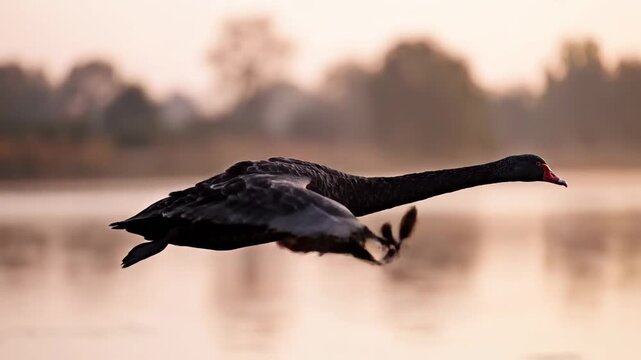 Majestic Black Swan in Flight - A Serene Lakeside Scene at Dawn.