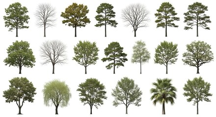 Diverse tree collection showcasing variations in species and seasonal conditions against white