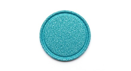Azure circular textured disc, a round element with a mottled turquoise surface on clear background