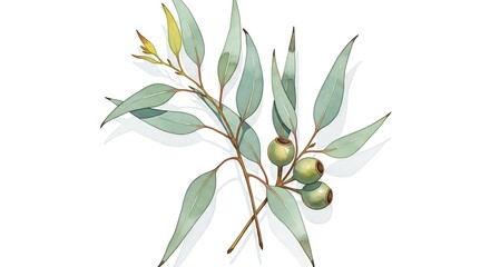 Botanical illustration showcasing a detailed eucalyptus branch with fresh leaves and immature