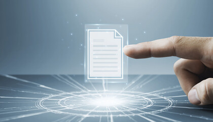 A person's finger is shown touching a glowing document icon, representing digital data management and access to information in a modern technological context.