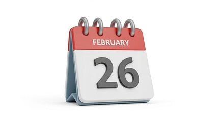 Precise render of desktop calendar displaying February 26th against a white backdrop