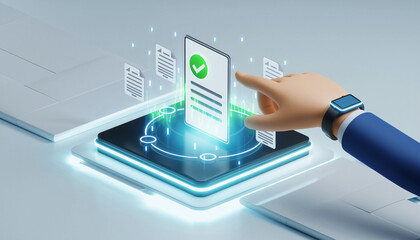 A cartoon hand interacts with a digital document featuring a green checkmark, symbolizing approval and successful task completion in a modern, technologically advanced setting.