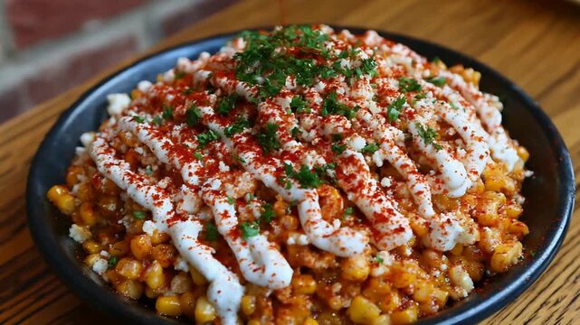Delicious Mexican Street Corn Elote Served in a Black Bowl with Fresh Garnishes.