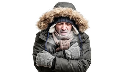 Shivering in the Cold: A Portrait of a Man Battling Winter's Intense Chill Depiction