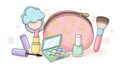 Charming pastel makeup collection with whimsical illustrations for beauty enthusiasts and cosmetic