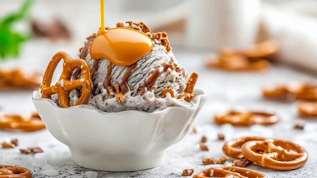 Delicious ice cream with caramel drizzle and crunchy pretzels in a bowl.