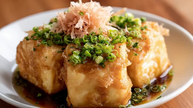 Delicious Golden Fried Tofu Bites Garnished with Green Onions and Flakes.