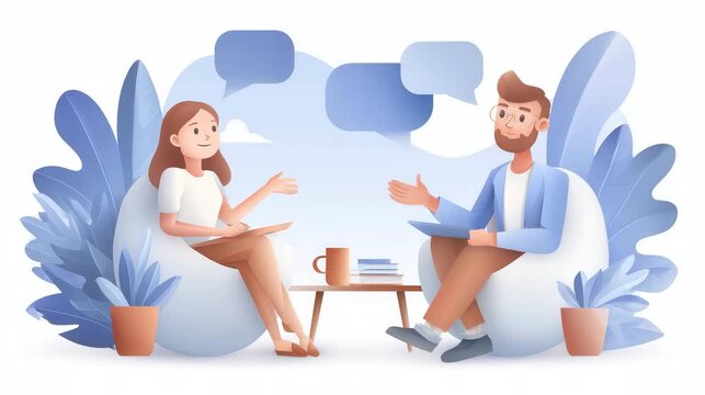 A cheerful illustration of a man and woman sitting together, engaged in conversation with speech bubbles above them.