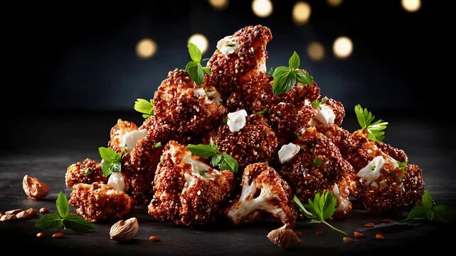 Delicious Crispy Cauliflower Bites Topped with Creamy Sauce and Fresh Herbs.