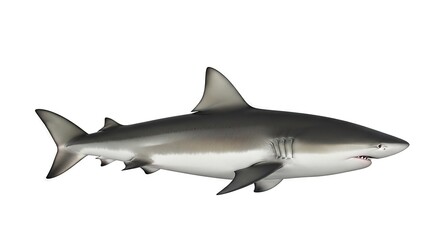Fototapeta premium Majestic ocean predator a sleek grey shark swimming across a pristine white background