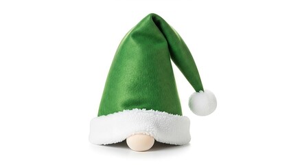 Festive green elf hat with white fur trim and playful pompom isolated on white backdrop