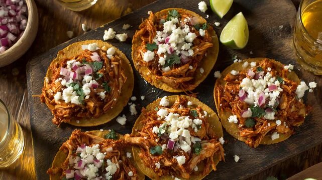 Delicious Chicken Tostadas with Fresh Lime and Queso Fresco Sprinkled.