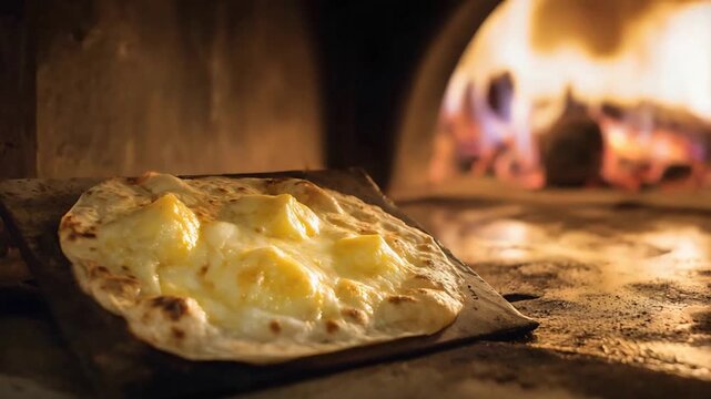 Delicious cheese flatbread baking in a wood fired oven with flames.