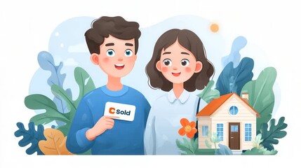 A happy couple celebrating their home sale with a sold sign amidst greenery and a house illustration.