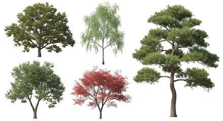 Diverse Tree Assemblage Showcasing Varied Species and Forms Against a Pure White Canvas