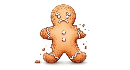 Distressed gingerbread cookie with missing bite and sad expression illustration