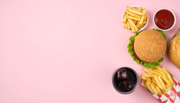 Minimalist flat lay of hamburger french fries ketchup and soda with ice arranged along right edge on clean pink background with ample copy space