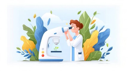 A scientist observing samples through a microscope surrounded by vibrant foliage.